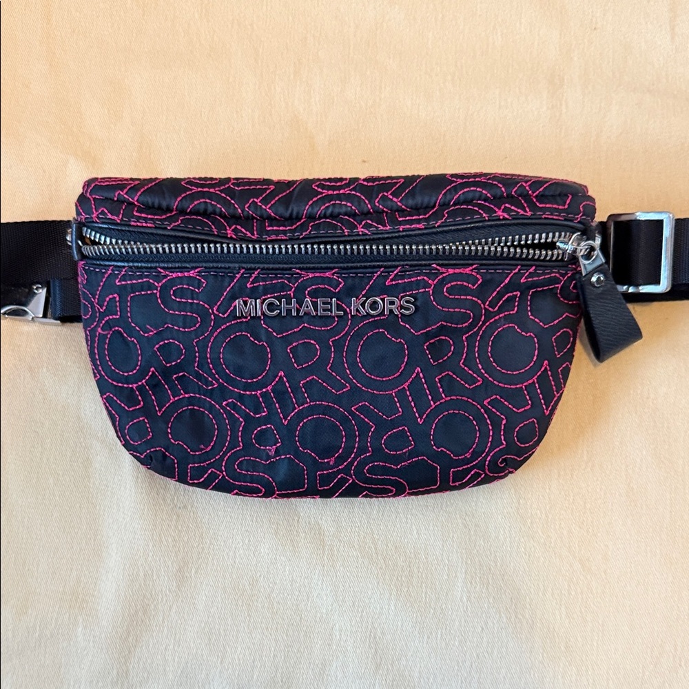 Michael Kors Black Belt Bag with Pink Stitching